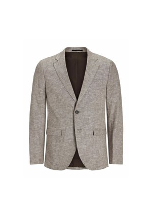 Blazer de color marrón claro con textura, cierre de un solo botón, solapas de pico y dos bolsillos frontales. Interior forrado en marrón oscuro.