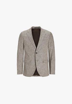 Light brown textured blazer with a single button closure, notch lapels, and two front pockets. Lined interior in dark brown.