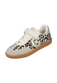 Zapatillas con estampado de leopardo en ante beige y gris, detalles en dorado, parte frontal con cordones y tira de Velcro. Suela de goma con agarre texturizado.