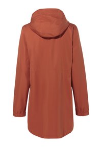Giacca impermeabile di colore ruggine con cappuccio, maniche lunghe, polsini elastici e taglio dritto. Tessuto liscio e leggero.