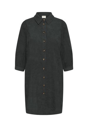 Dunkelgrünes, knielanges Hemdkleid mit langen Ärmeln, durchgehender Knopfleiste und spitzem Kragen.