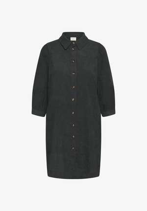 Rochie cămașă verde închis, până la genunchi, cu mâneci lungi, fermoar în față și guler ascuțit.