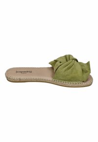 Green suede slide sandal featuring a knotted upper design, braided natural fiber trim, and a flat sole with a cushioned footbed.