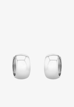 Silberne Creolen mit einer glatten, runden Form und polierter Oberfläche. Sie verfügen über einen sicheren Scharnierverschluss.