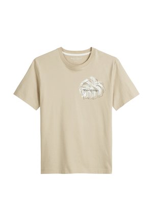 Beige cotton t-shirt featuring a graphic design on the left chest with "Marc O’Polo" text, short sleeves, and a round neckline.