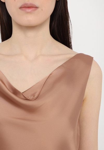 Cowl-neck sleeveless top in a smooth, satin-like brown fabric, featuring a draped design and wide shoulder straps.