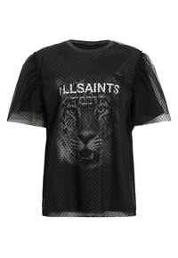 T-shirt nera trasparente con texture a pois, caratterizzata da una grafica di giaguaro e il testo "ALLSAINTS". Le maniche a palloncino aggiungono volume al design.