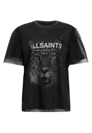 T-shirt nera trasparente con texture a pois, caratterizzata da una grafica di giaguaro e il testo "ALLSAINTS". Le maniche a palloncino aggiungono volume al design.