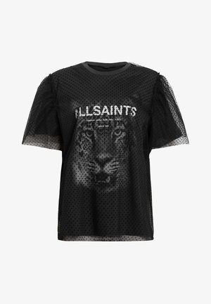 Black sheer t-shirt with dotted texture, featuring a jaguar graphic and "ALLSAINTS" text. Puff sleeves add volume to the design.