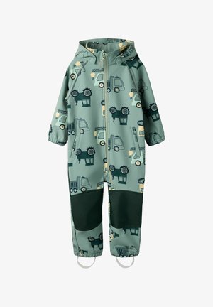 Grøn vandtæt overalls med et køretøjsprint, med lynlås foran, elastiske manchetter og forstærkede knælapper i en mørkere nuance.