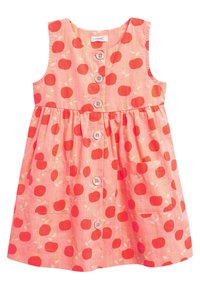 Vaaleanpunainen hihaton mekko, jossa on kirsikkakuosi, nappi-etuosa ja kaksi taskua. Valmistettu kevyestä kankaasta, jossa on kerrostettu helma.