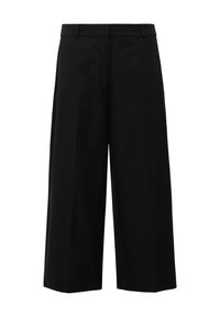 Zwarte wijde broek gemaakt van lichtgewicht stof. Kenmerkt zich door plooien aan de voorkant en een platte tailleband met riemlussen.