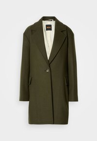 Dark green wool blend coat with a notched lapel, single button closure, and side pockets. Interior features a light quilted lining.
