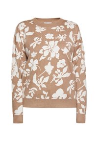 Maglione floreale color sabbia con scollatura rotonda e maniche lunghe, decorato con un motivo floreale bianco intrecciato nel morbido tessuto a maglia.
