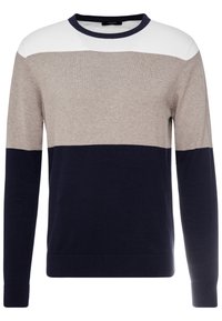 Herrenpullover im Farbblockdesign mit Beige, Hellgrau und Marineblau. Hergestellt aus weich gestricktem Material mit Rundhalsausschnitt und langen Ärmeln.