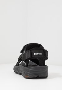 Black hiking sandals with adjustable straps, textured footbed, and a durable black sole featuring an "M-D Traction" detail.