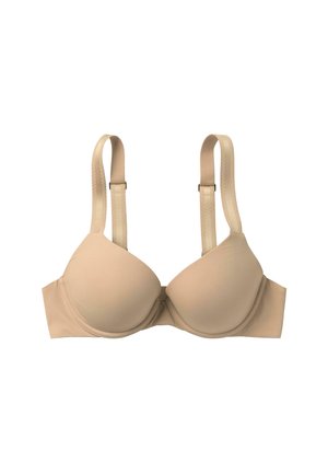 Beige underwire bra with padded cups, adjustable straps, and hook closure at the back, made of smooth, stretchy fabric.