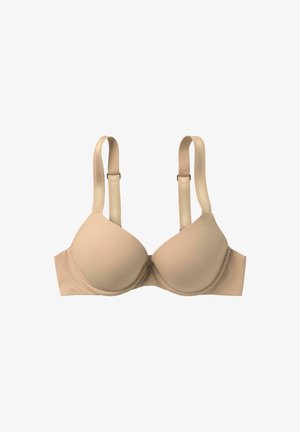 Beige underwire bra with padded cups, adjustable straps, and hook closure at the back, made of smooth, stretchy fabric.