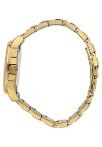 Orologio in metallo color oro con cassa rettangolare, lunetta liscia e design del bracciale a maglia. Il quadrante è chiaro con indicatori minimi.