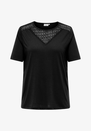 Must have lühikeste varrukatega must t-särk, millel on V-kujuline tekstuuriga pitsipaneel krae piirkonnas, valmistatud siledast kangast.