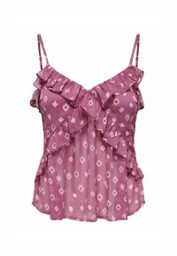 Rosa volangtop med tunna band, med ett diamantmönster och en lagerdesign för texturerad effekt. Lättviktsmaterial.