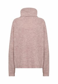 Růžový pletený svetr s vysokým límcem, dlouhými rukávy a žebrovanou strukturou. Design je volný a pohodlný.