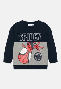 Tmavomodrý a šedý sveter s veľkým potlačeným nápisom "SPIDEY", červenou grafikou Spider-Mana a emblémom pavúka. Bavlnený materiál, rebrované manžety.