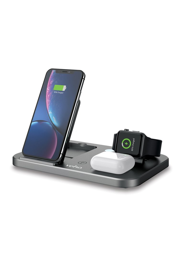 Kabellose Ladestation, die ein Smartphone, eine Smartwatch und ein Paar kabellose Ohrhörer auflädt, alle zeigen 80 % Akku.