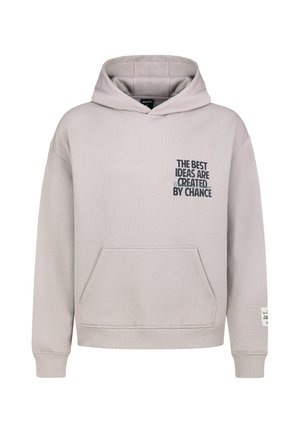 Hellgrauer Kapuzenpullover mit Fronttasche und schwarzem Text auf der Brust, der "The best ideas are created by chance." lautet