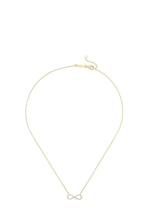 Delicate gold necklace with a small infinity symbol pendant adorned with clear crystals on a fine chain and a lobster clasp closure.