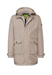 Parka d'hiver beige avec capuche attachée, deux poches avant à rabat avec boutons, fermeture éclair frontale et boutons-pression aux poignets.