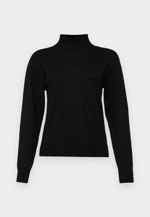 Maglione a collo alto nero realizzato in un morbido tessuto testurizzato; presenta maniche lunghe e una silhouette aderente con una leggera lucentezza.
