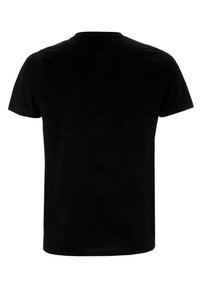 Schwarzes Baumwoll-T-Shirt mit rundem Halsausschnitt und kurzen Ärmeln, das ein schlichtes Design und eine glatte Textur aufweist, ohne sichtbare Logos oder Muster.