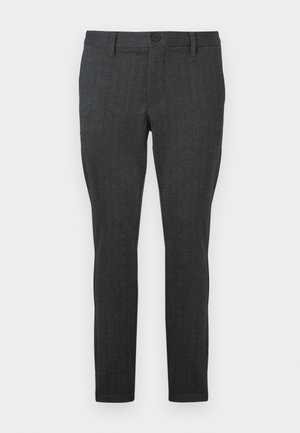 Pantalones oscuros grises con un patrón texturizado, de corte slim, cintura estándar con un solo botón y piernas rectas, diseñados para un look moderno.