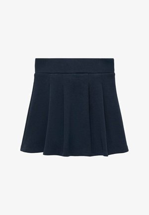 Navy blauwe geplooide rok met brede tailleband, boven de knie lengte, gemaakt van zachte stof.