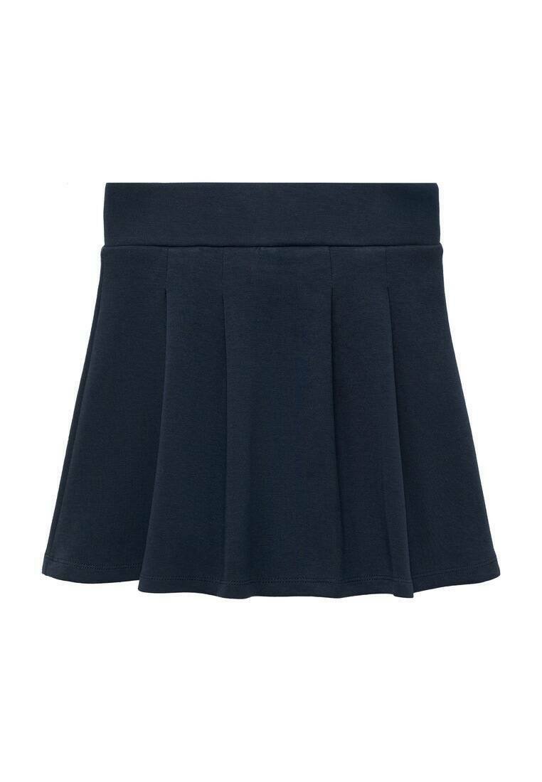 Gonna plissettata blu navy con vita alta, lunghezza sopra il ginocchio, realizzata in tessuto morbido.
