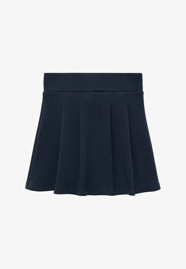 Temno modra plisirana krilo z širokim pasom, dolžina nad koleni, izdelano iz mehkega blaga.