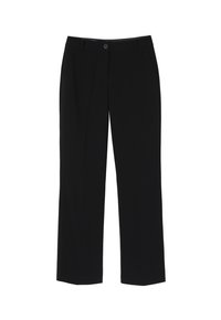 Zwarte recht gesneden broek met een gladde textuur, knoopsluiting en twee zijzakken. De stof lijkt lichtgewicht en veelzijdig te zijn.
