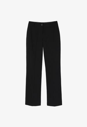 Zwarte recht gesneden broek met een gladde textuur, knoopsluiting en twee zijzakken. De stof lijkt lichtgewicht en veelzijdig te zijn.