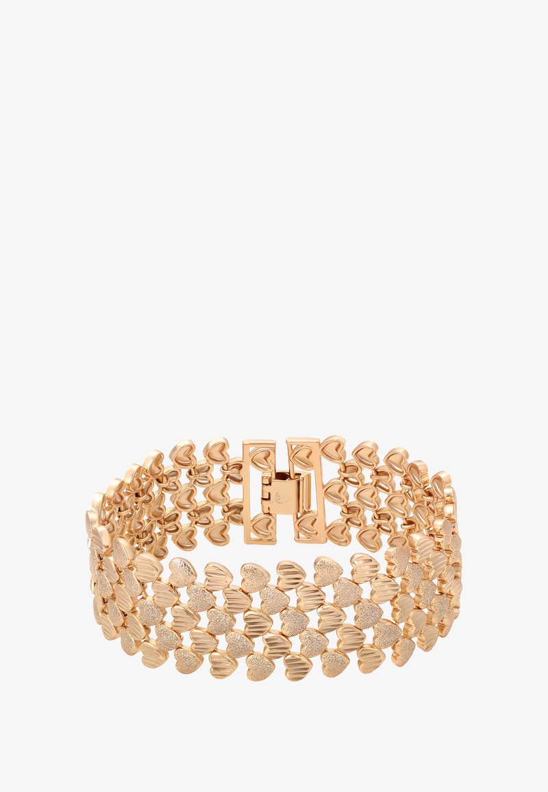 Arany színű karkötő, szív alakú láncszemekkel, amelyek textúrázott és sima felülettel rendelkeznek, téglalap alakú csattal rögzítve.