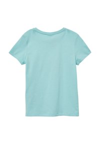 Lichtblauw katoenen t-shirt met korte mouwen, een ronde halslijn en een gladde textuur. De achterkant is eenvoudig zonder zichtbare logo's of patronen.
