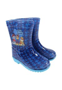 Bottes de pluie en caoutchouc bleu avec une finition brillante, un motif de pattes et un graphique Paw Patrol sur le côté. Semelles et bordures bleu clair.