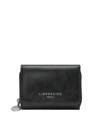 Cartera de cuero negro con logo de Liebeskind Berlin en plata en la parte delantera y compartimento con cremallera con tirador redondeado plateado.