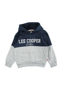 Sweat à capuche bicolore bleu marine et gris avec poches avant et l'inscription "LEE COOPER EST. 1908 EAST LONDON, UK." imprimée sur la poitrine.