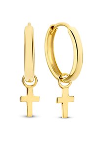 Gold hoop earrings featuring a small cross charm suspended from each hoop. The finish is shiny, with a smooth texture and round shape.