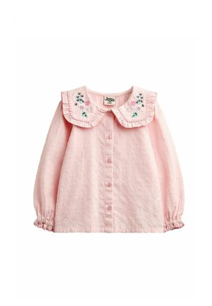 Pink long-sleeve baby blouse with textured fabric, front buttons, ruffled collar featuring embroidered flowers, and elastic cuffs.