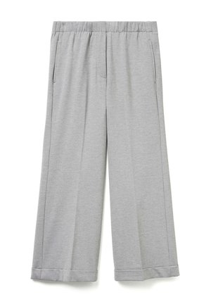 Šedé široké teplákové kalhoty s elastickým pasem, bočními kapsami a rovnými lemy. Měkká látka s hladkým povrchem. Ležérní design.