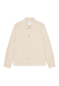 Φωτεινό μπεζ σακάκι κατασκευασμένο από υφασμάτινη ύφανση με υφή. Διαθέτει μυτερό γιακά, κλείσιμο με κουμπιά μπροστά και δύο μεγάλες μπροστινές τσέπες.