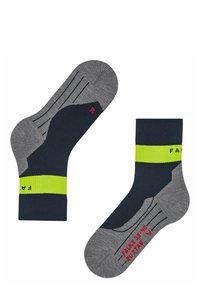 Calcetines azul oscuro y gris con acentos verdes brillantes, que cuentan con una suela acolchada, talón y punta reforzados, y detalle acanalado.