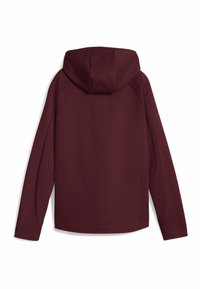 Maroon hoodie with a spacious hood, raglan sleeves, and textured accents on the shoulders, featuring a smooth, soft fabric finish.